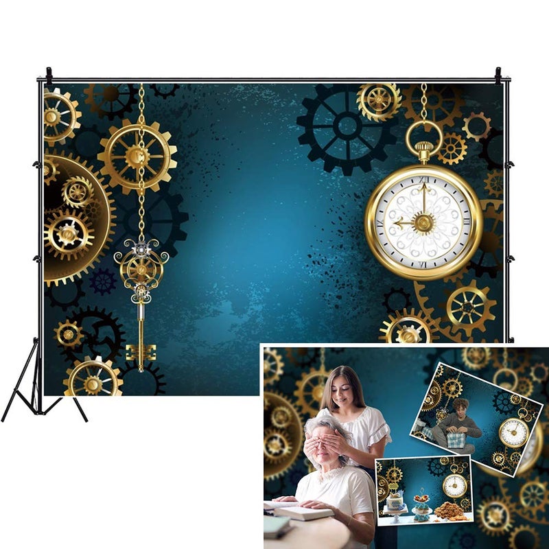 DASHAN 7x5ft Polyester Antique Steampunk Backdrop for Photography Gear Watches Keys Chains Clock Mechanical Steampunk Industrial Background Steampunk Party Decor Steampunk Birthday YouTube Photo Prop - Image 1